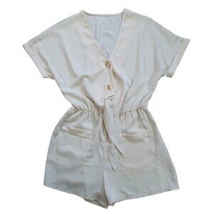Apricot Cream Romper Medium Button Front Elastic Waist Tie Belt Pockets NWOT.